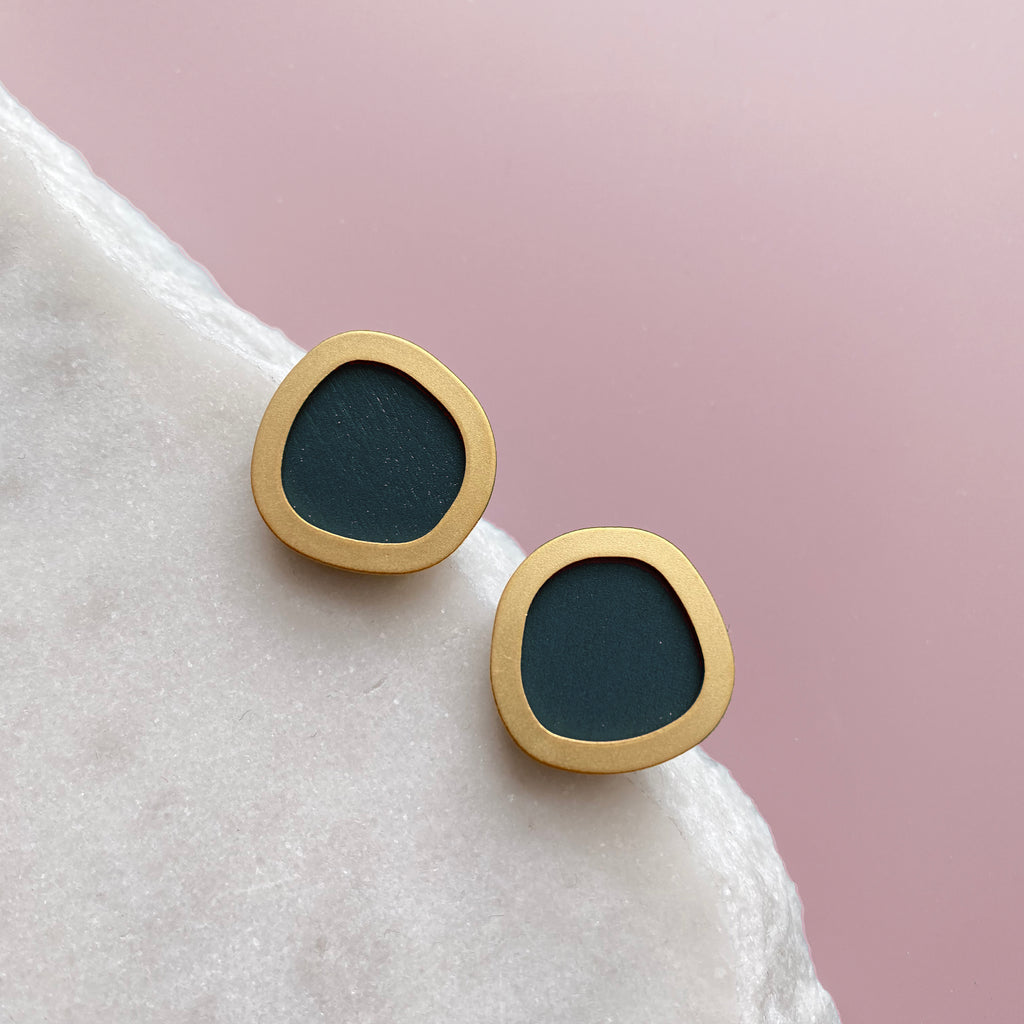 Petrol Blue & Brass Circle Stud Earrings