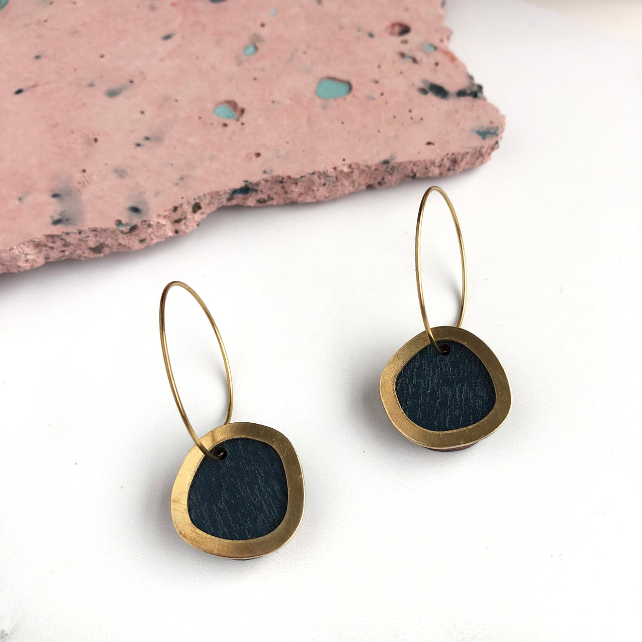 Geometric Circle Hoop Earrings - Petrol Blue & Brass