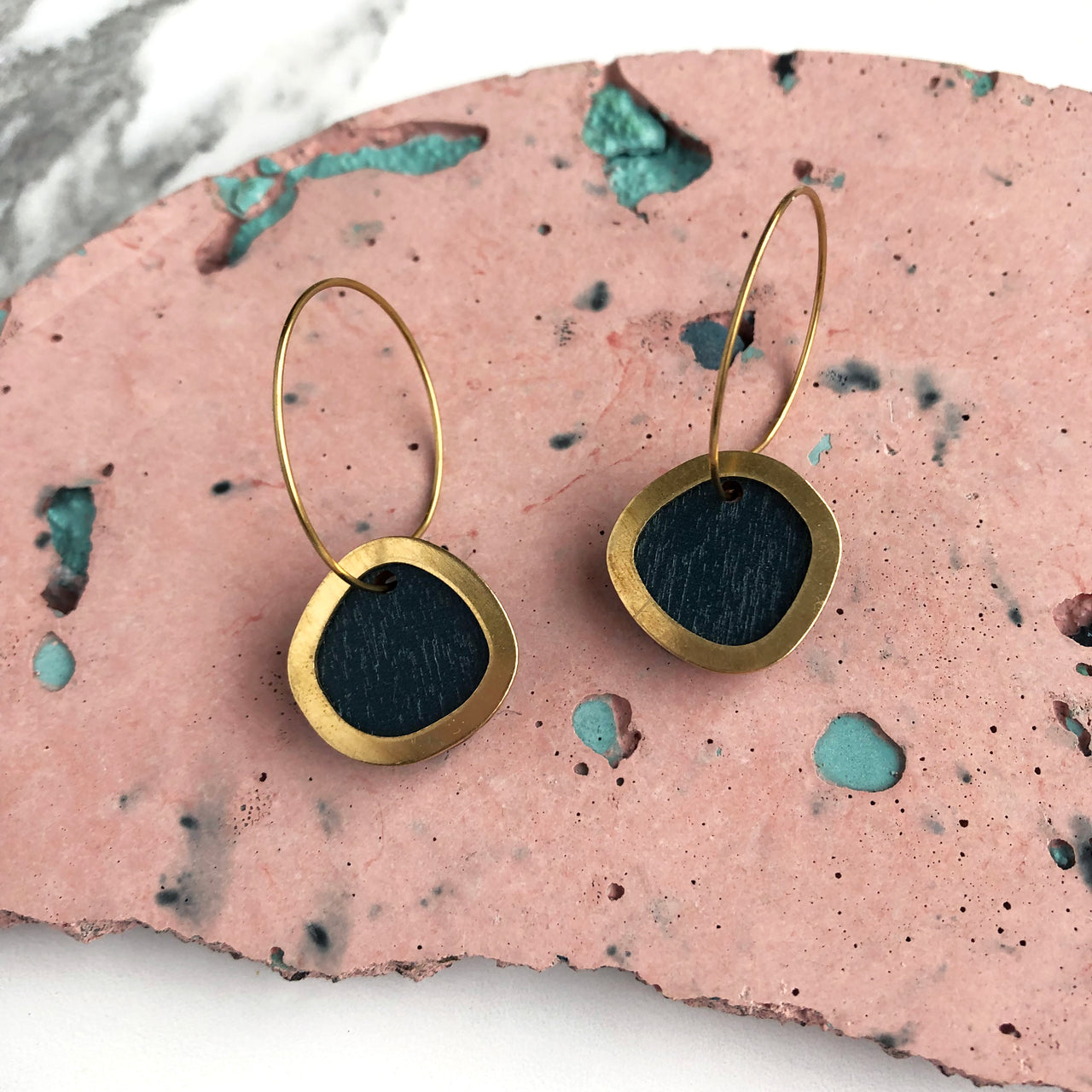 Geometric Circle Hoop Earrings - Petrol Blue & Brass
